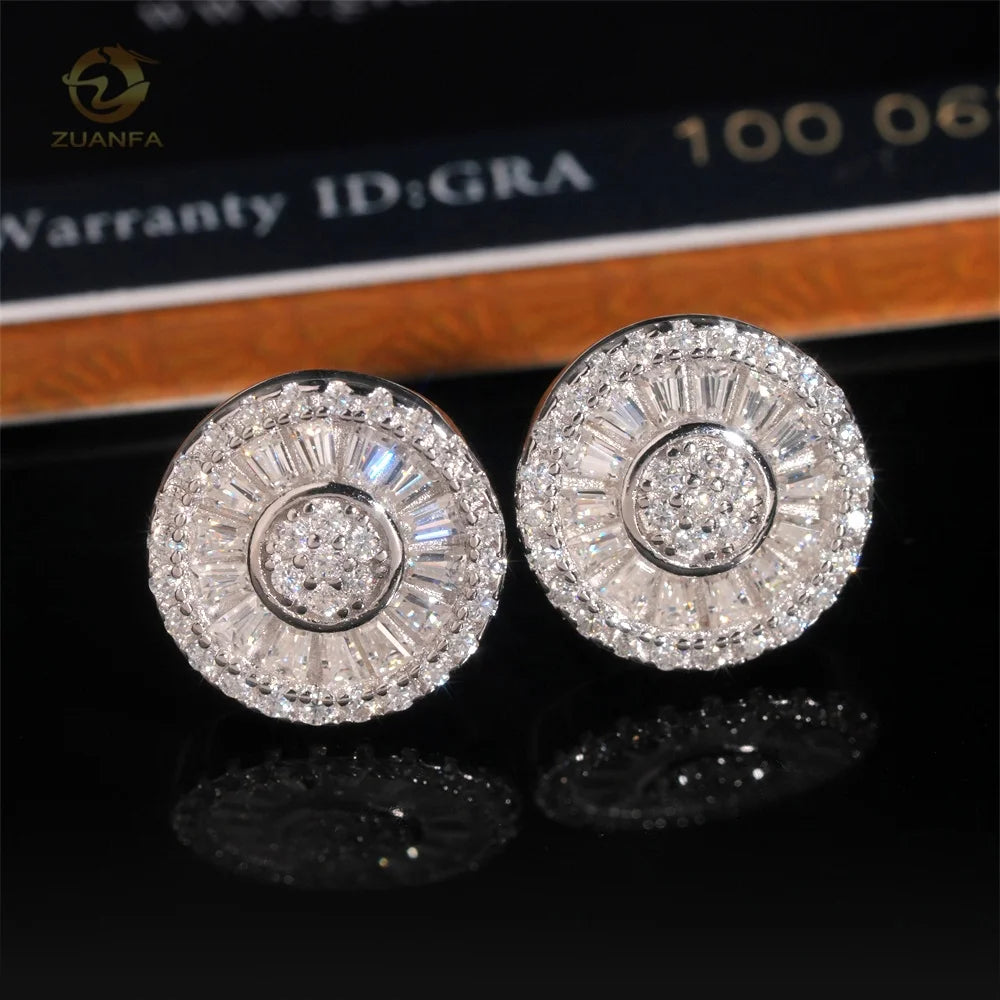 Luxury Baguette Moissanite Round Screw Back GRA Certificate Big 925 Silver Mens Diamond Earring
