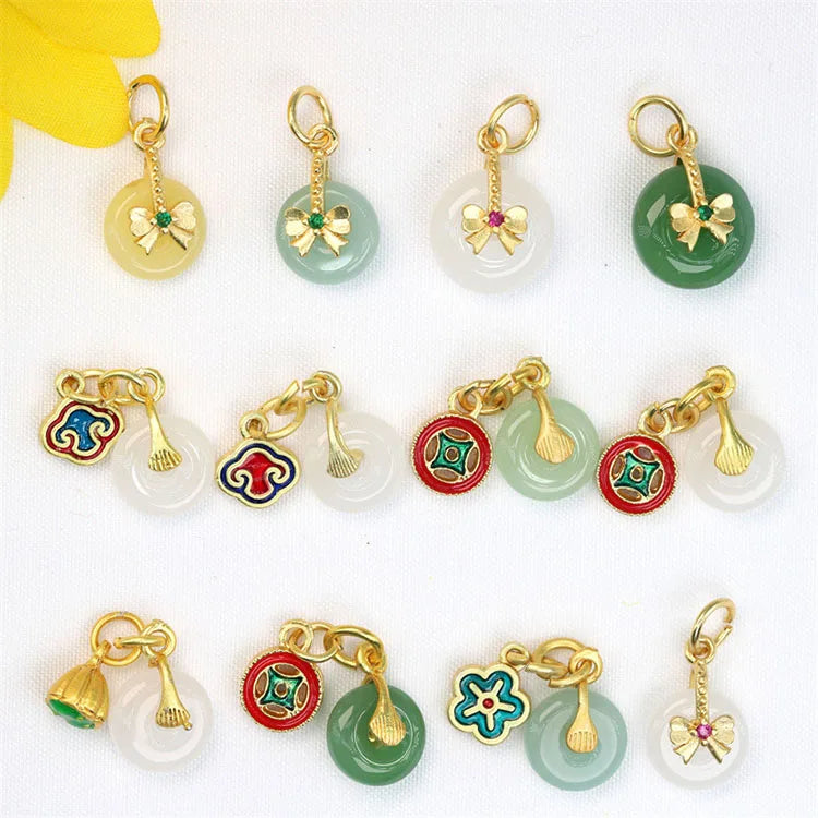 JS1648 Dainty Matte Gold Plated Enamel Lucky Charms with Natural Jade Lotus Donut Double Charms for Bracelet Jewelry Making