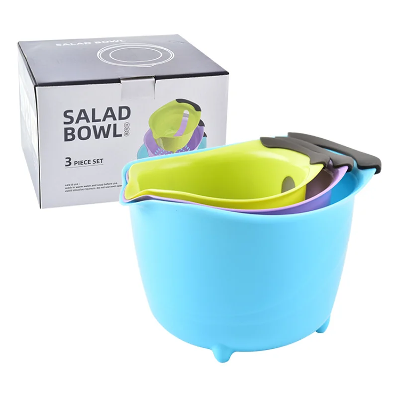 Eco-Friendly Plastic Salad Bowl Set Disposable Home Kitchen Mixing and Water Dry Basket with Handle