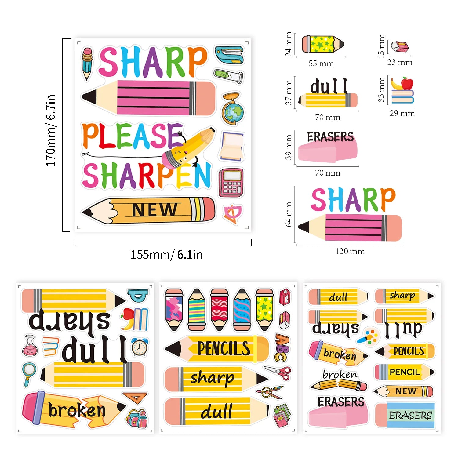 4 Sheets Pencil Gift Sticker Labels Decal Broken Pencil Colorful Book Reward Stickers Decoration for Kid Student