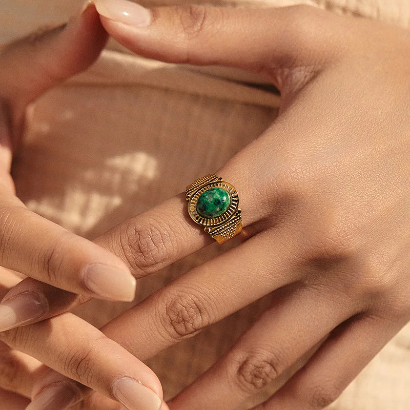 Exquisite 18K Gold Bohemian Style Women's Gemstone Ring Turquoise Inlaid Wide-Edge Waterproof Non-Fading Stainless Steel