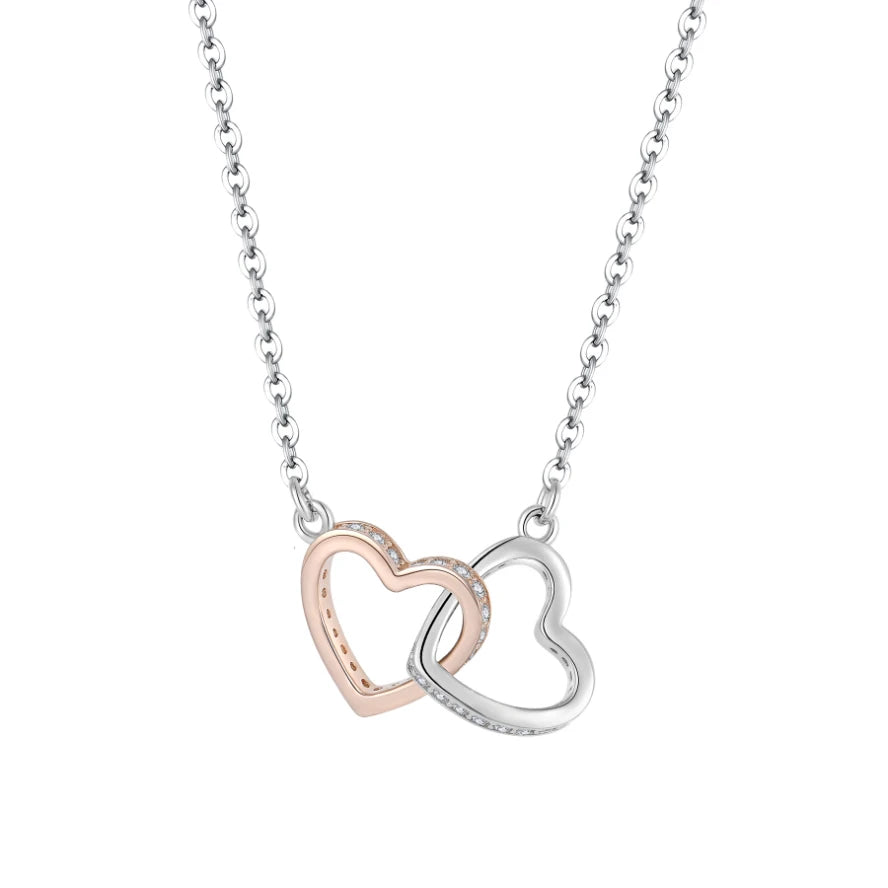 YILUN 925 Silver Interlocking Double Heart Pendant Necklace Rose Gold Rhodium Two Tone CZ Pave Romantic Gift for Women OEM ODM