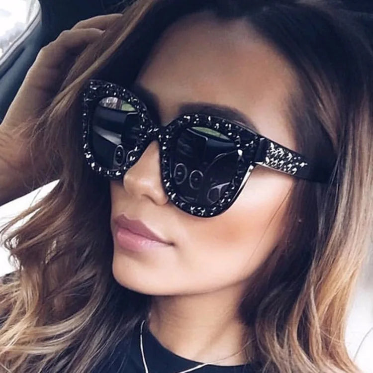 Authentic Custom Men's Women's Cat Eye Sunglasses Yellow Plastic Sky Full Five-Pointed Star Five-Star Diamond Jelly Design