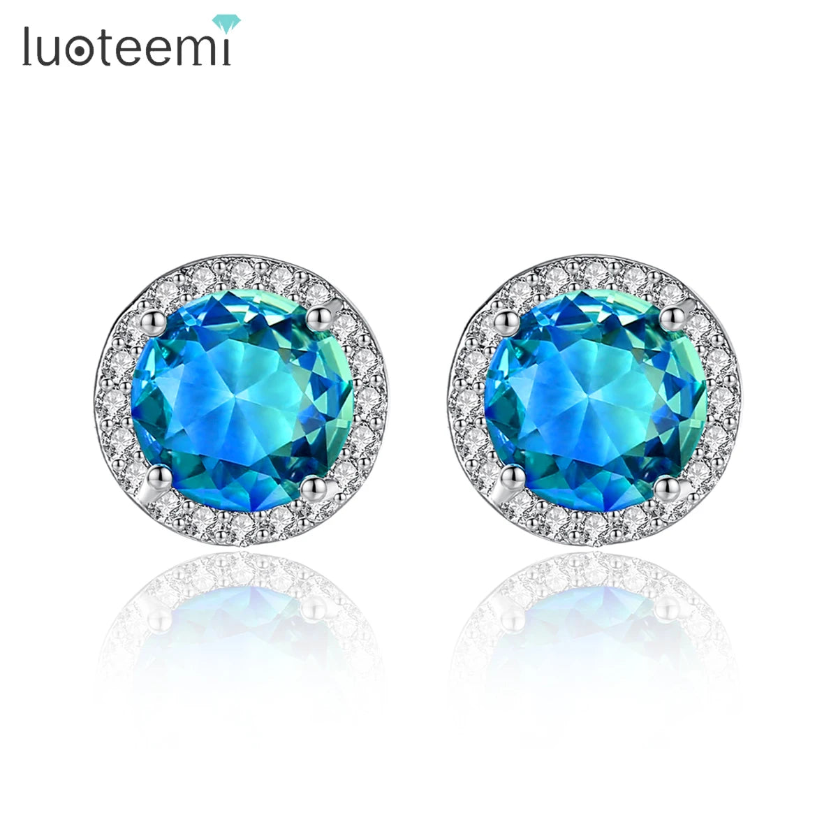 LUOTEEMI Blue Crystal Diamond Stud Earrings White Gold Jewelry Finding Ear Piercing Copper Stud Earrings MegaBDM