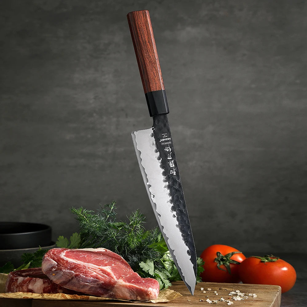 HEZHEN NEW 10Cr Core Stainless Steel Chef Knife With Red Wood Handle Kitchen Knives Handmade