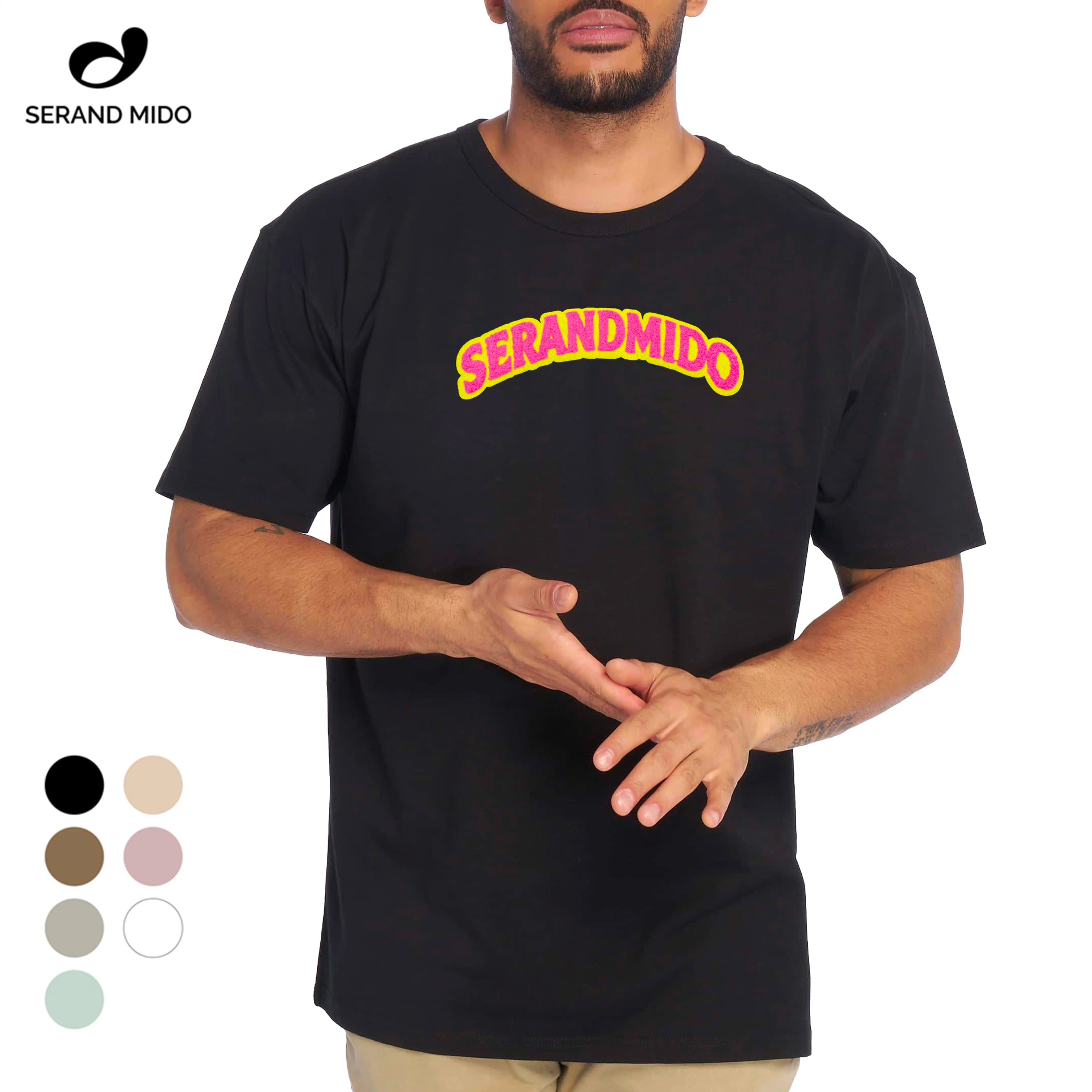 Men's 100% Cotton 180GSM Oversized T-Shirt Custom Logo Embroidered with Chenille US Size Blank Knitted Patch T-Shirts
