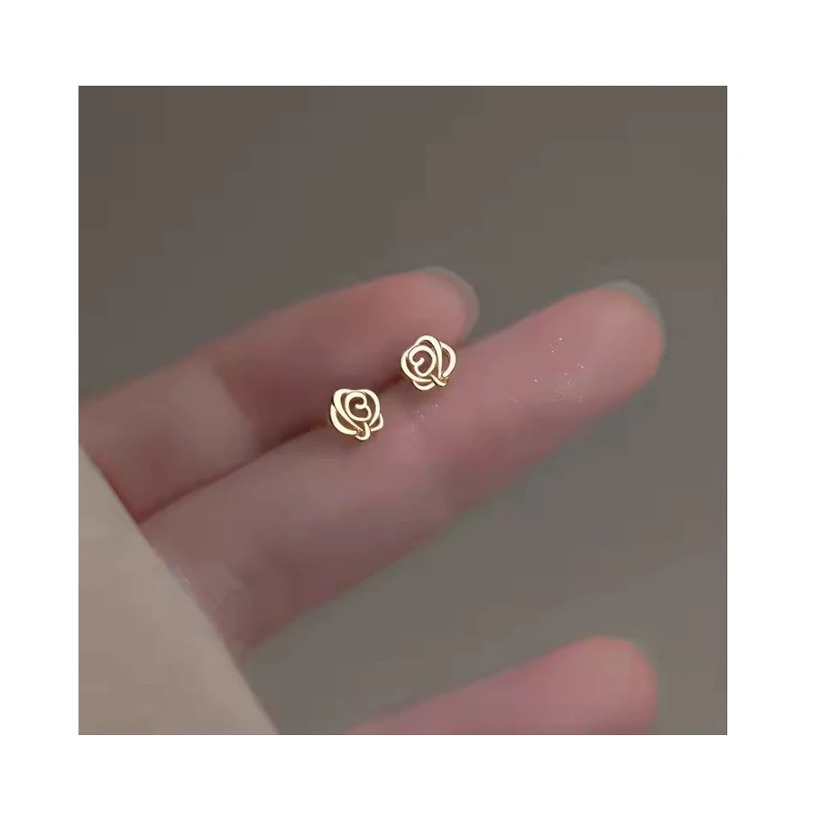 Authentic 925 Sterling Silver Romantic Gold Color Rose Flower Stud Earrings for Women Fashion Sterling Silver Jewelry