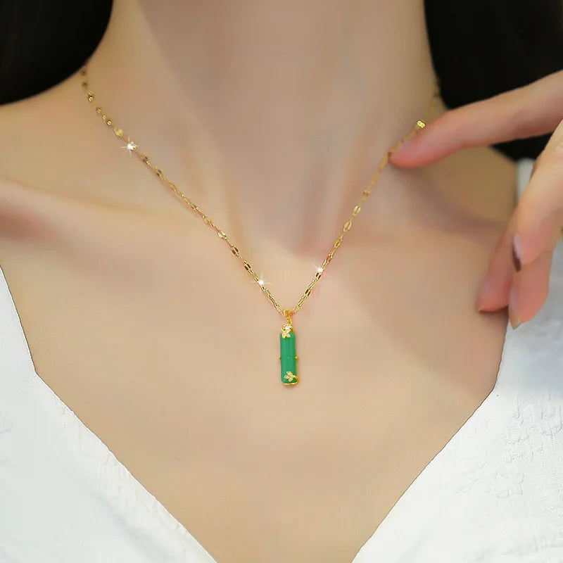 Simple Design Real Gold Plated Stainless Steel Necklace Jewelry Exquisite Long Bamboo Shape Pink Natural Jade Pendant Necklace