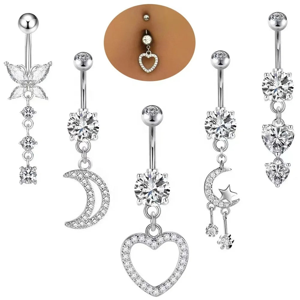 Fashion Navel Piercing Jewelry 14g Stainless Steel Zircon Navel Ring Piercing Heart Shape Belly Rings
