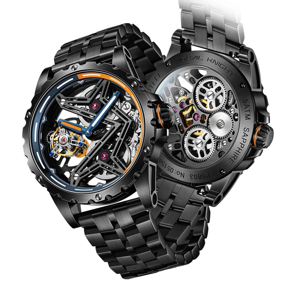 Ideal Knight 6803 Odm Oem High Quality Luxury Brands Luminous Sports Skeleton Hollowed Stainless Steel Tourbillon Watch for Man