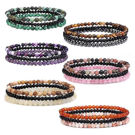 Less Is More Unisex 4mm Natural Stone Beaded Elastic Bracelet Set Trendy Ball Shape Healing Crystal Buddhism Gift
