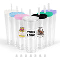 12oz 16oz 24oz Clear Double Wall Plastic Acrylic Tumblers Snow Globe Cups With Screw Flat Straw Lids