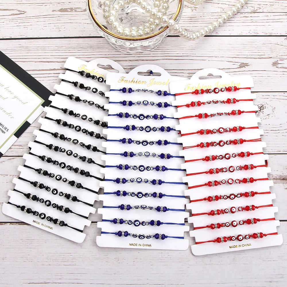 12 PCS Devil Eye Bracelet Red Knot String Hamsa Kabbalah Protection Bracelets Good Luck Handmade Adjustable Bracelet Set