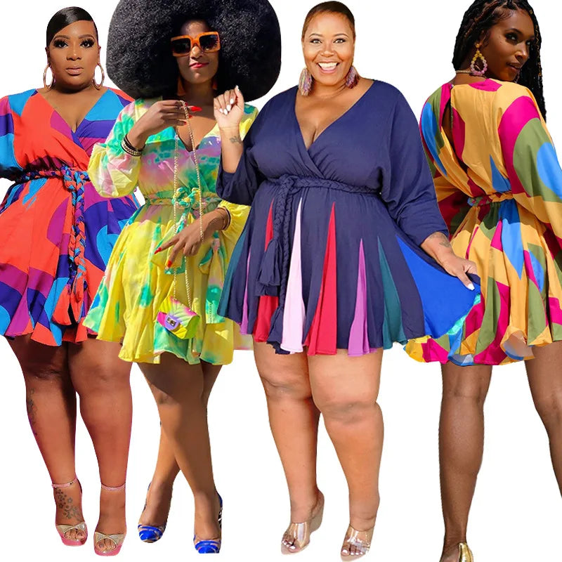 S-5XL High-Quality V Neck Long Sleeve Dresses Woman Evening Party Plus Big Size Dress