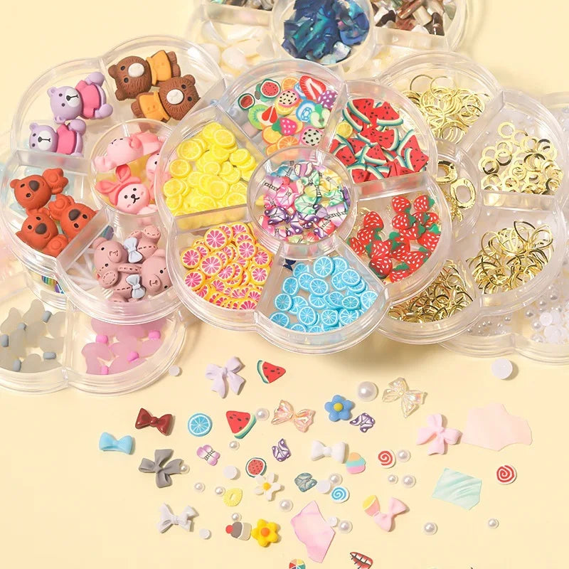 7 Grids Acrylic Bowknot Nail Charms Mix Sized Bear Rhinestone Pearl Nail Art Decoration Wholesale Fruit Shape Accessories