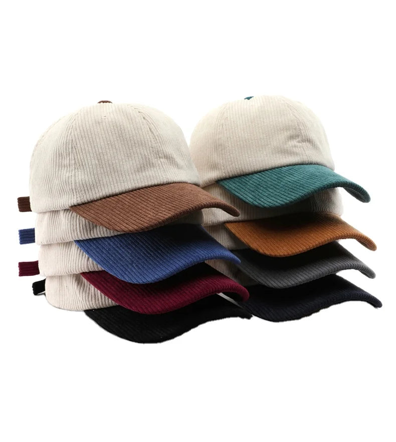 Wholesale Custom Embroidery Logo 6 Panel Unstructured Two Tone Adjust Curved Brim Vintage Sporty Corduroy Baseball Cap