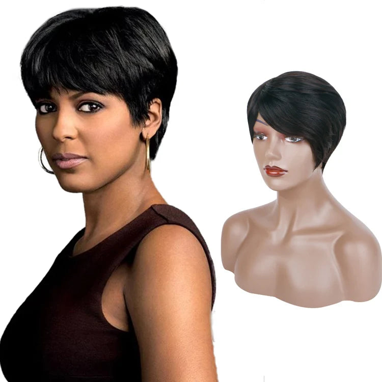 FH Cheap Price No Lace Short Human Hair Wigs Pixie Cut Straight Remy Brazilian Hair Machine Made Wig