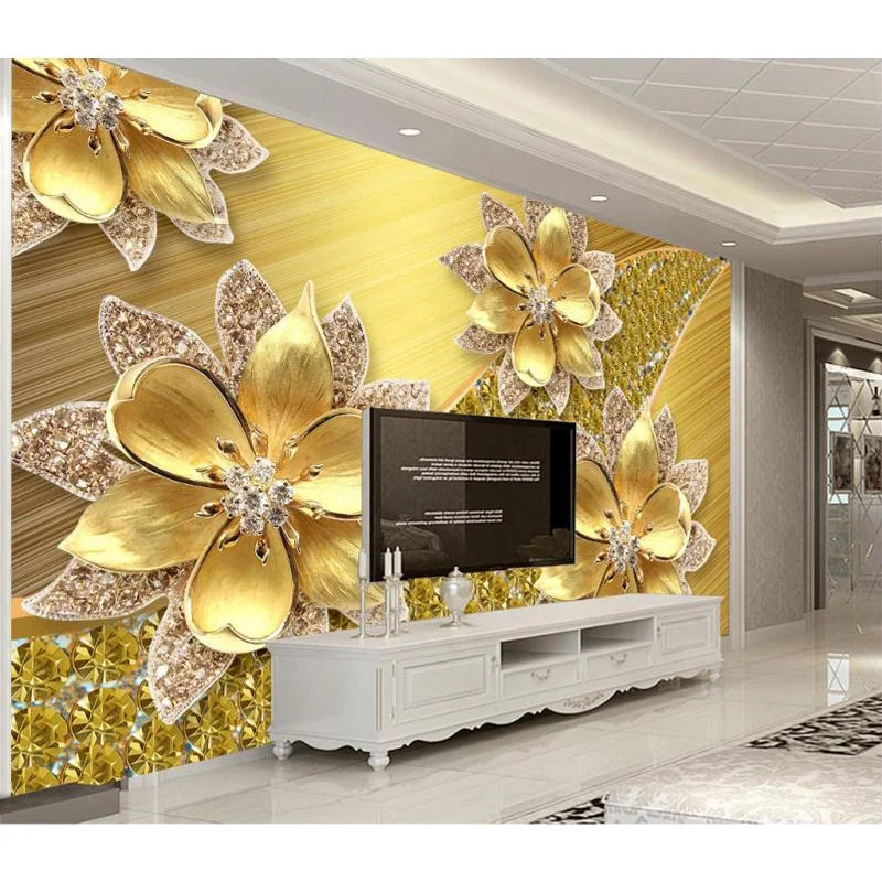 Custom Silk Floral Gold Diamond 3D 5D 8D 18D Modern Anti-Static Waterproof Wallpaper Mural Home Decoration Adhesive