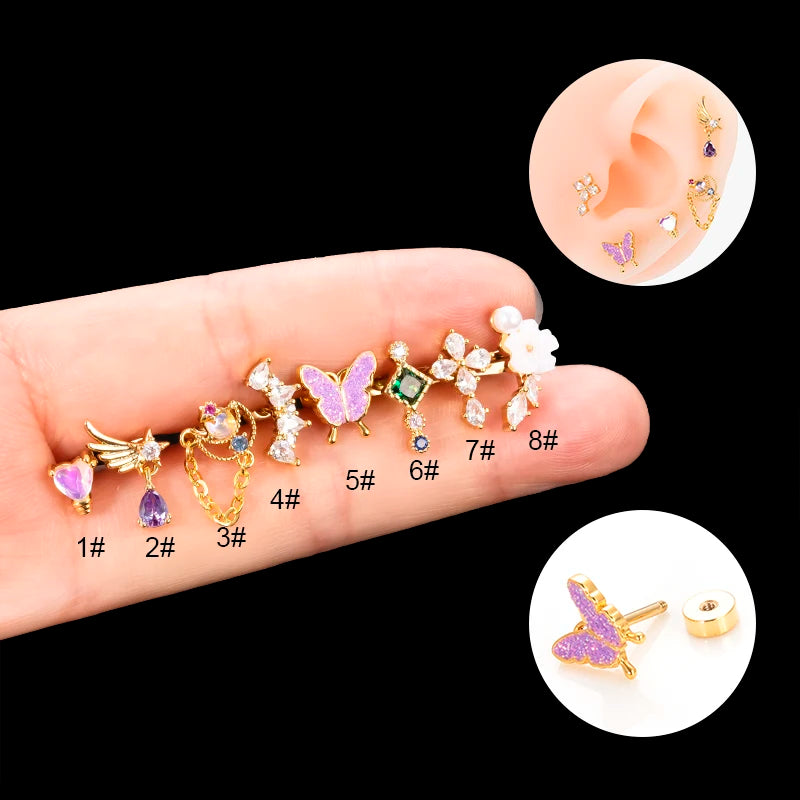 HENGSEN Fancy Colorful Gold Silver Enamel Butterfly Cross Shapne Stud Cartilage Earring Women Piercing Jewelry