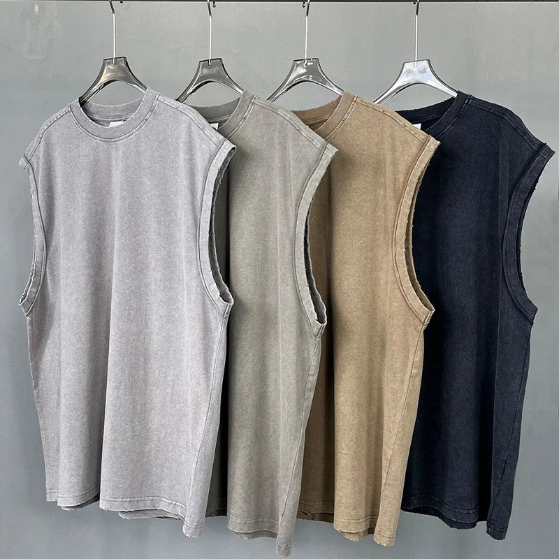Custom Logo Men's 275GSM 100% Cotton Tank Top Breathable Acid Wash Distressed Grinding Edge Splicing Hip Hop Summer Knitted