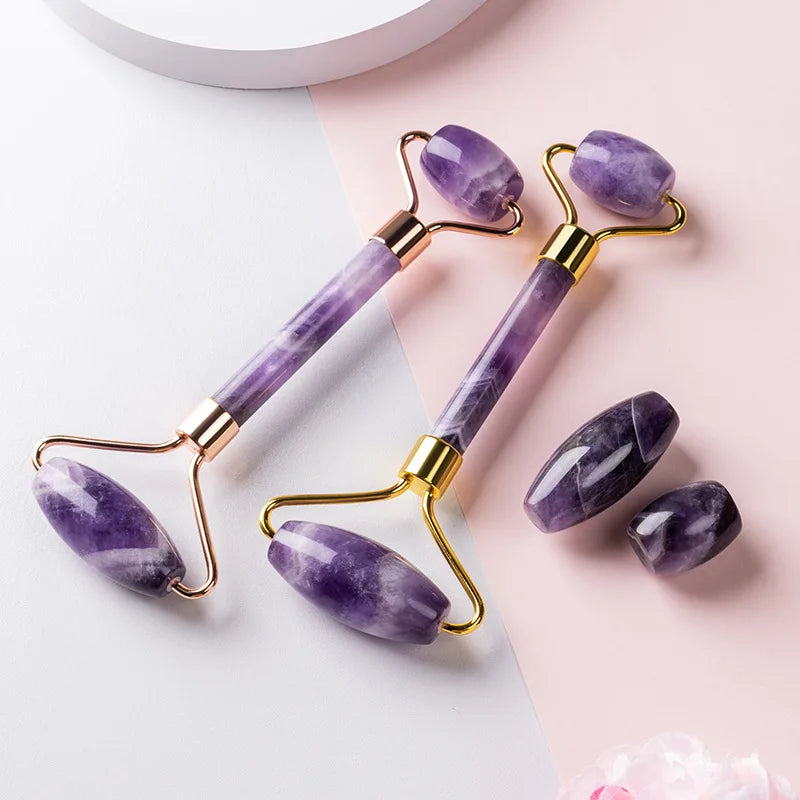 Natural Amethyst Crystal Jade Roller with Metal Brass Handle Facial Care Roller for Eye Face Neck Muscle Relaxation Whitening