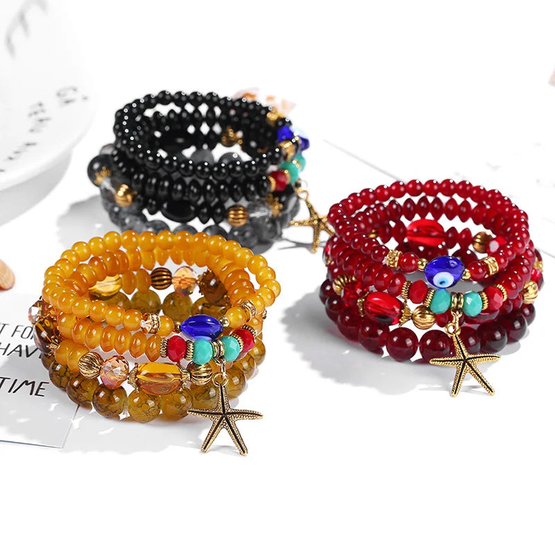 Boho Stretch Charm Starfish Evil Eye Multi Layer Bohemian Beaded Bracelet Set Jewelry for  Women
