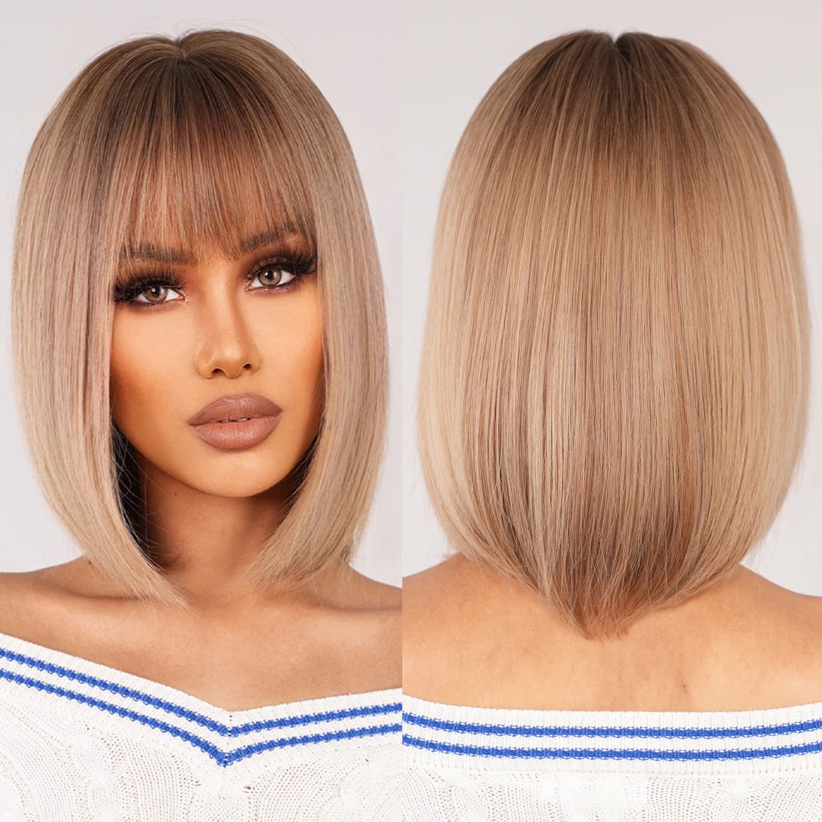 Factory Outlet Bob Light Brown Ombre Synthetic Heat Resistant Hairs Wigs Short Straight Wig with Bangs for Black Women