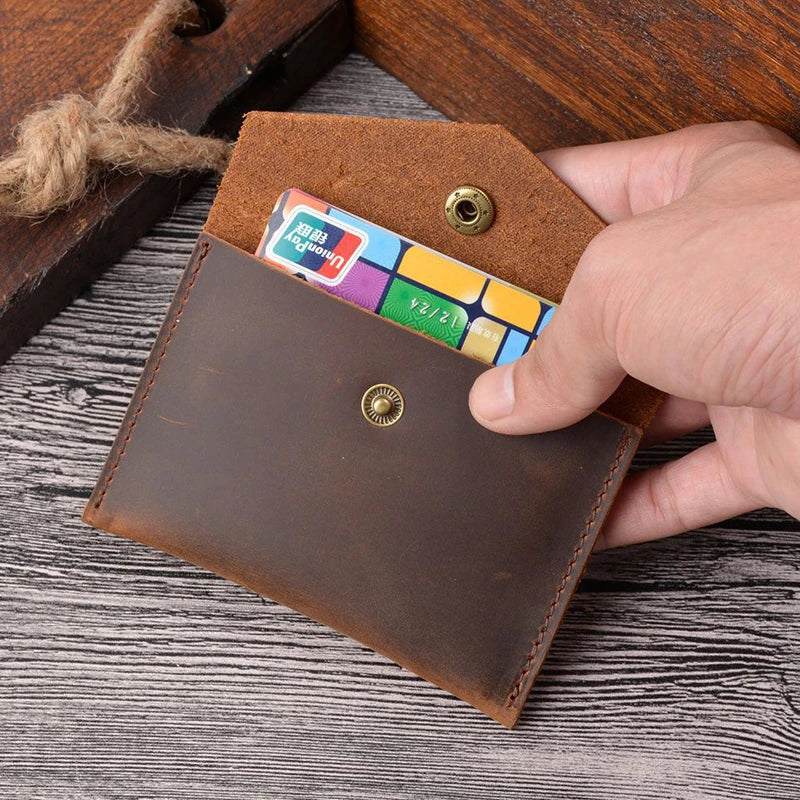 Crazy Horse Genuine Leather Envelope Card Holder Snap Button Mini Coin Purse Vintage Cowhide Credit Card Wallet for Men Women
