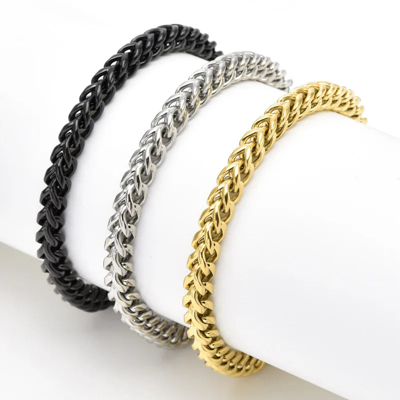 Hip Hop Keel Chain Bracelet Silver/ Black/ Gold Stainless Steel Figaro Chain Braided Bracelet Wheat Chain Bangle for Men