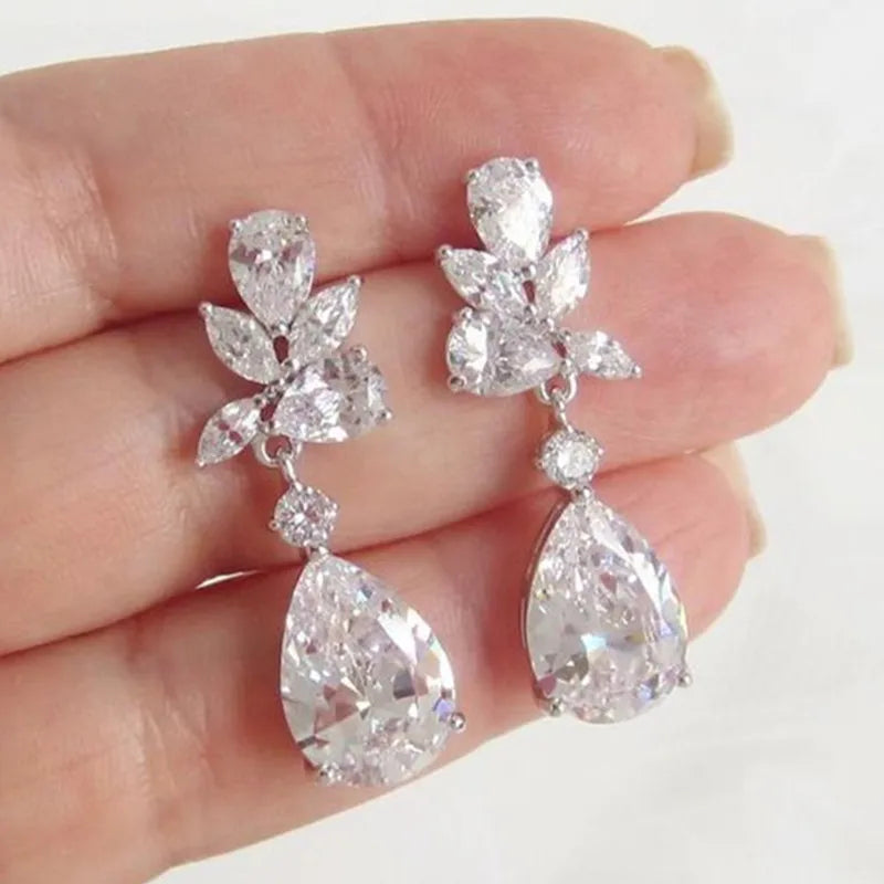 CAOSHI Hot Wedding Jewelry Silver Color Leaf Zircon Bridal Earring Women 3A Cubic Zirconia Bling Pendant Ladies Drop Earrings CZ
