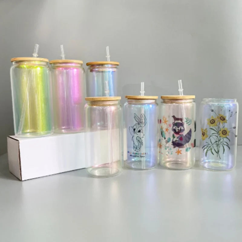 16oz Sublimation Iridescent Glitter Glass Holographic Jar Can Iced Coffee Mug With Bamboo Lid Frosted Cup Gift