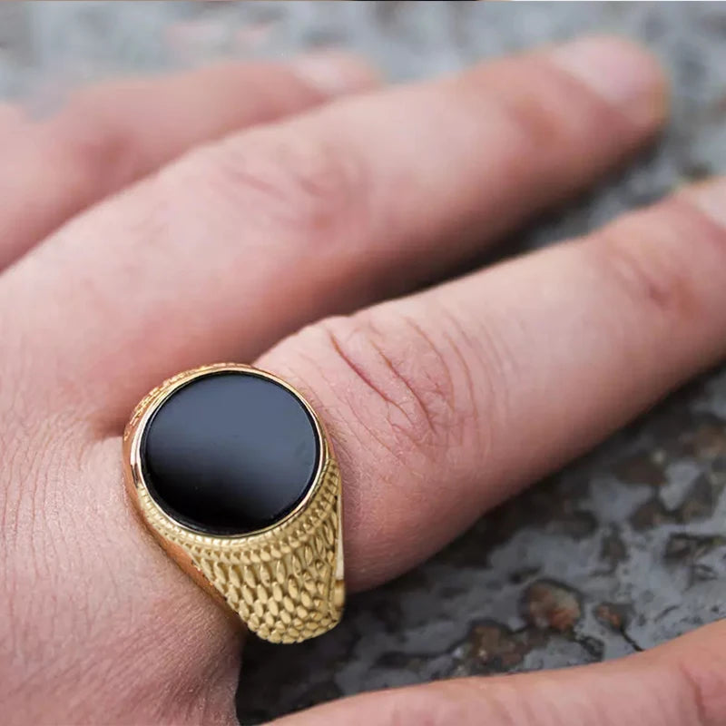 Classic Men's Stainless Steel Ring with Natural Black Onyx & Round Titanium Stone 18K Gold Plated Trendy Classic Design