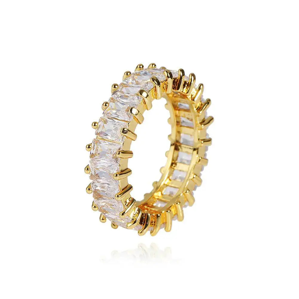 Luxury Men Women 8mm Band 18k Gold Silver White Cz Diamond square Cubic Zircon Iced Out Tennis Ring