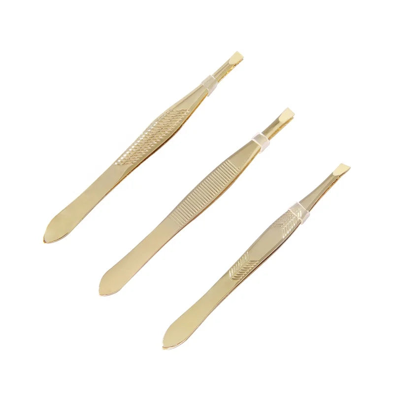 Stainless Steel Professional Gold Plated Precision Slant Tip Eyebrow Tweezers for False Eyelash Extension