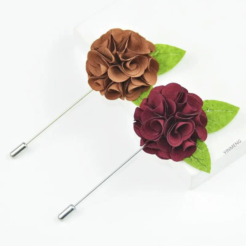Handmade Men's Floral Lapel Pin Brooches Long Needle Fabric Green Leaf Flower Jewelry for Suits Wedding Gift