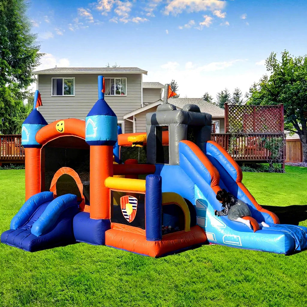 Commercial PVC Kids Inflatable Bounce House with Slides & Ball Pit Ring Toss GameBasketball HoopObstacle Courts Included