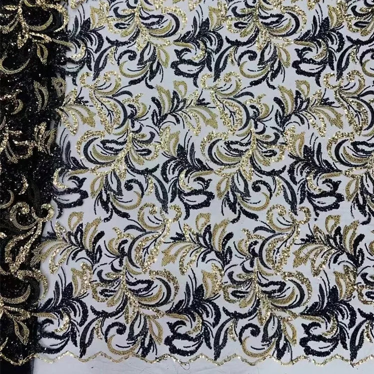 Guangzhou Manufacturer Gold Black Beaded Lace Fabric Eco-Friendly 100% Polyester Shiny Sequins Embroidery Mesh for Wedding