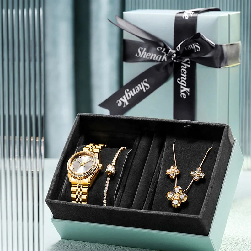 Shengke Bracelet Jewelry Watch Sets K0156L Watches Women Wrist Luxury Necklace Earring Sets Watch for Women Box Gift