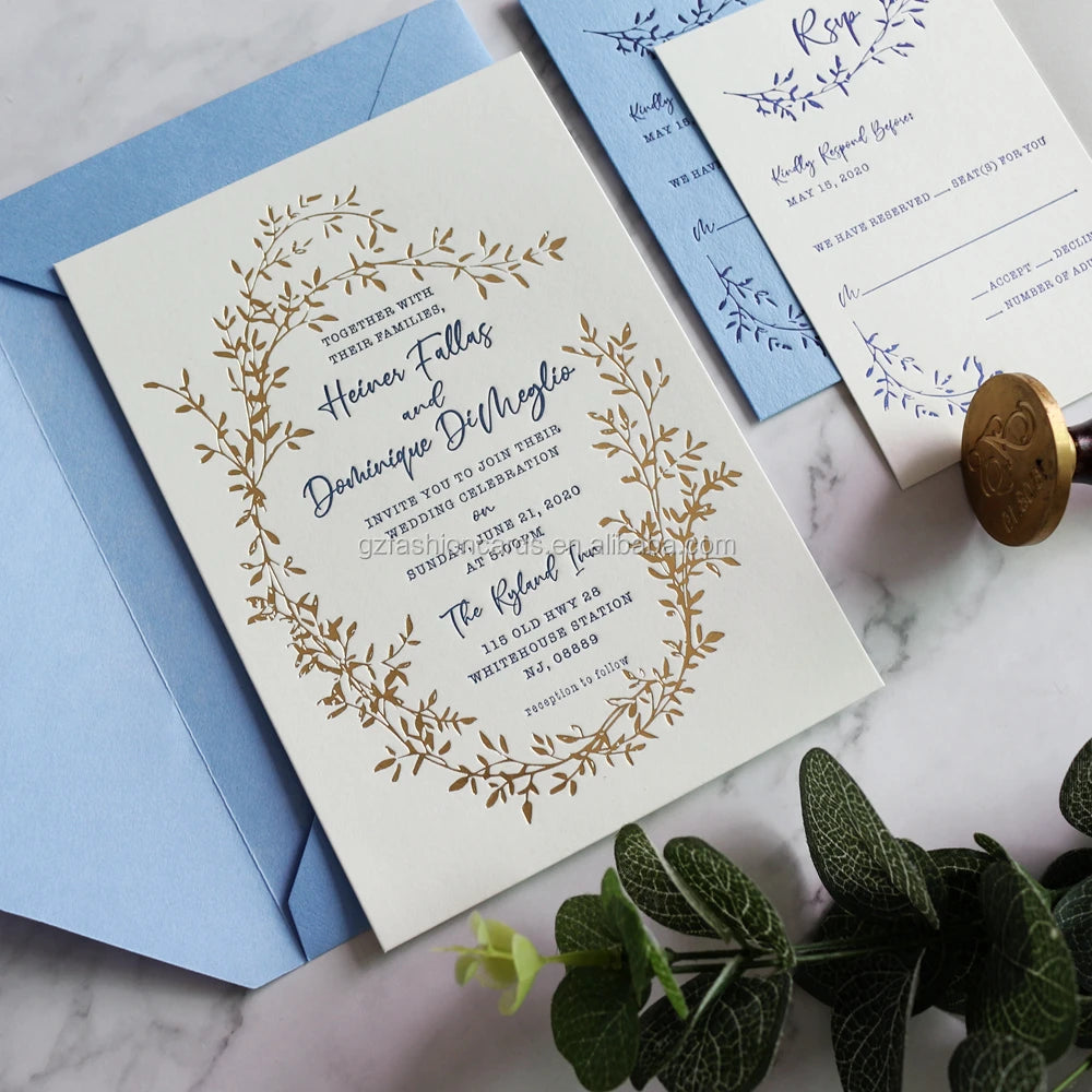 Elegant Style Cotton Card Stock Gold Foil Design Letterpress Printing Wedding Invitation Cards With RSVP Card