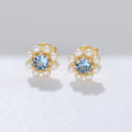 Ins Fashion Handmade 925 Sterling Silver Gold Plated Blue Zircon Pearl Flower Stud Earrings Jewelry for Women