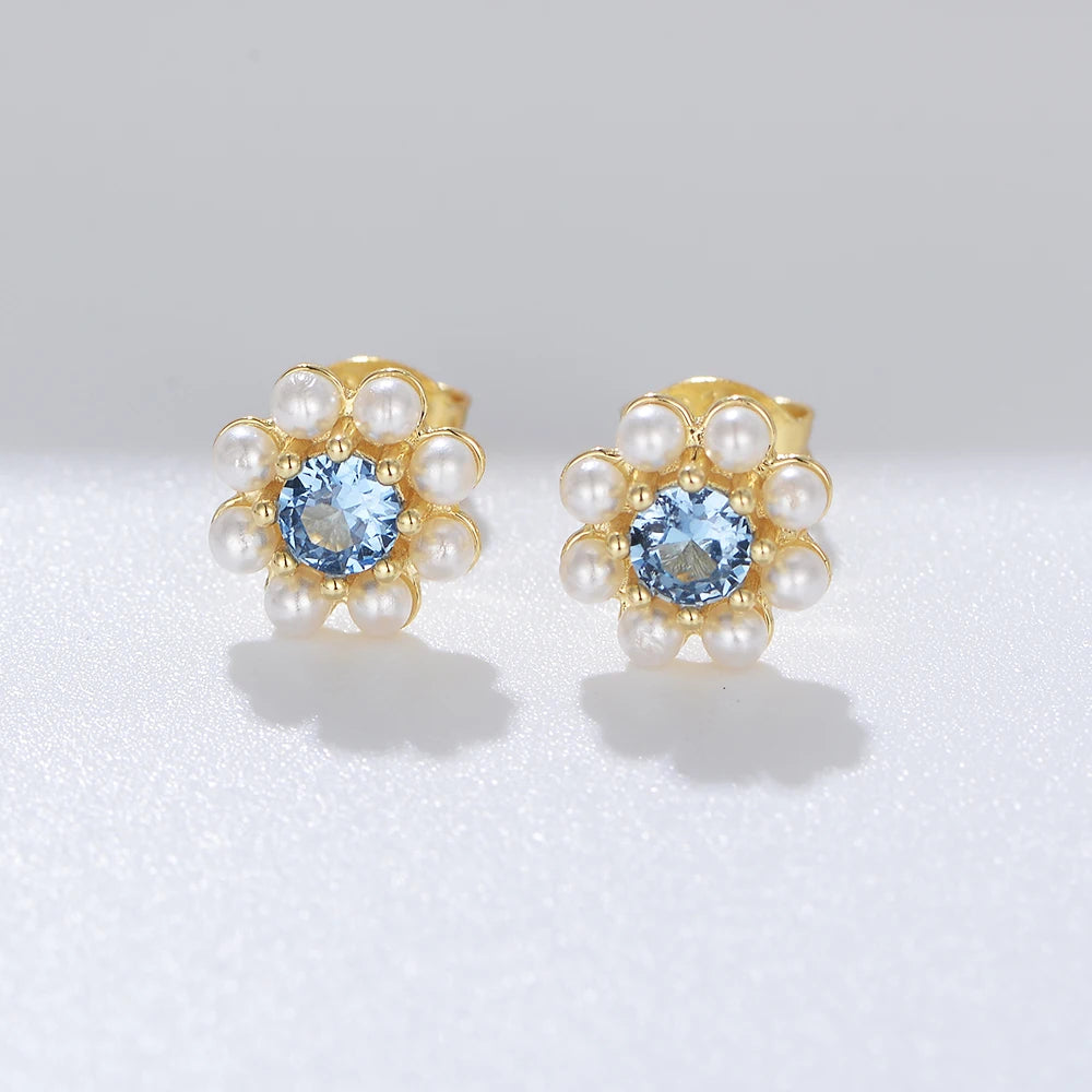 Ins Fashion Handmade 925 Sterling Silver Gold Plated Blue Zircon Pearl Flower Stud Earrings Jewelry for Women