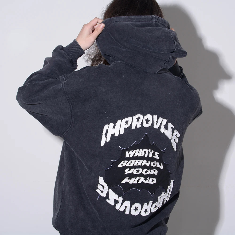 Embroidered Patch Heavy Washed Hoodie Vintage Men's Oversized Pullover With Acid Wash Print Custom Heavyweight French Terry