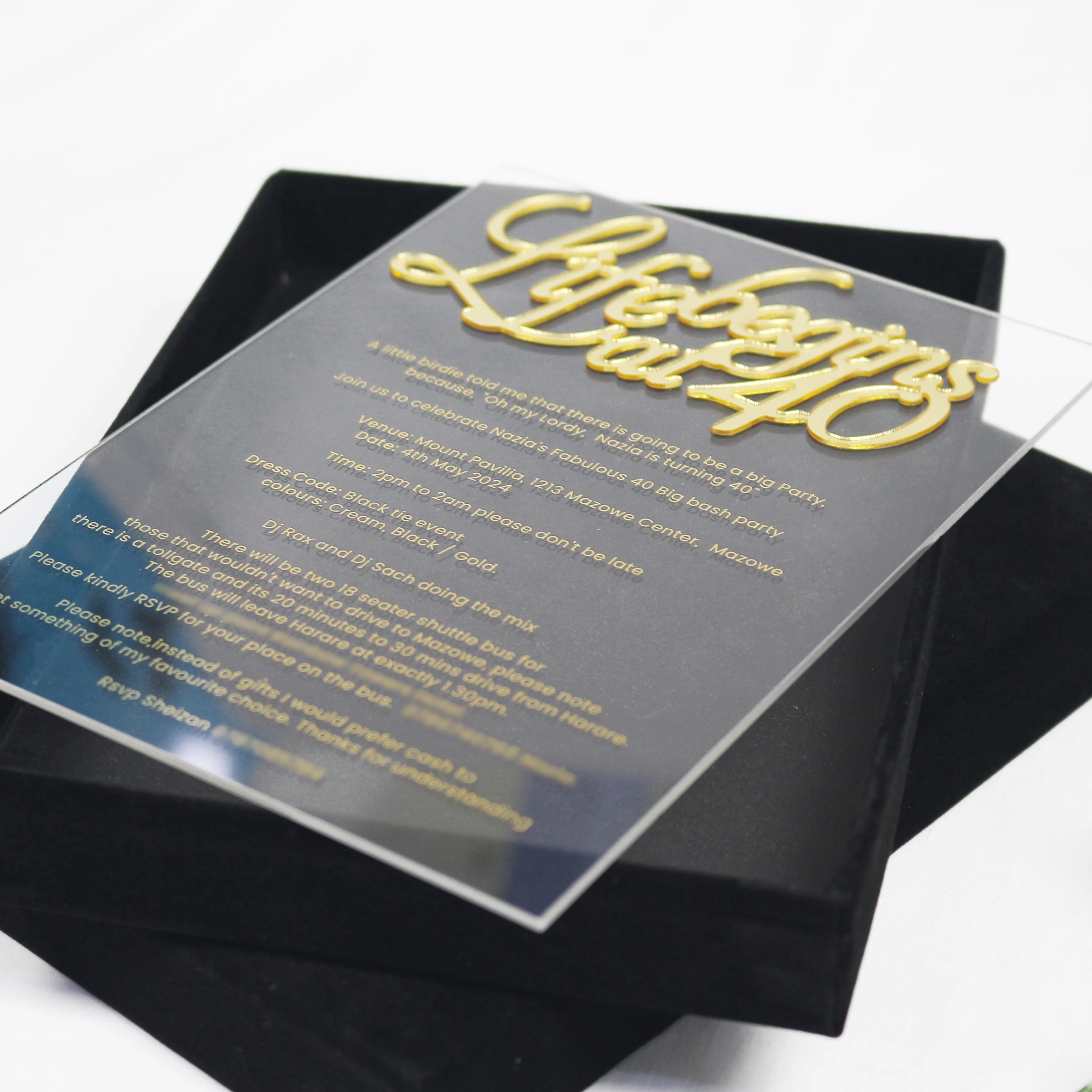 Laser Cut Gold clear Acrylic Birthday Party Invitation Card Design with Hardboard Velvet Box
