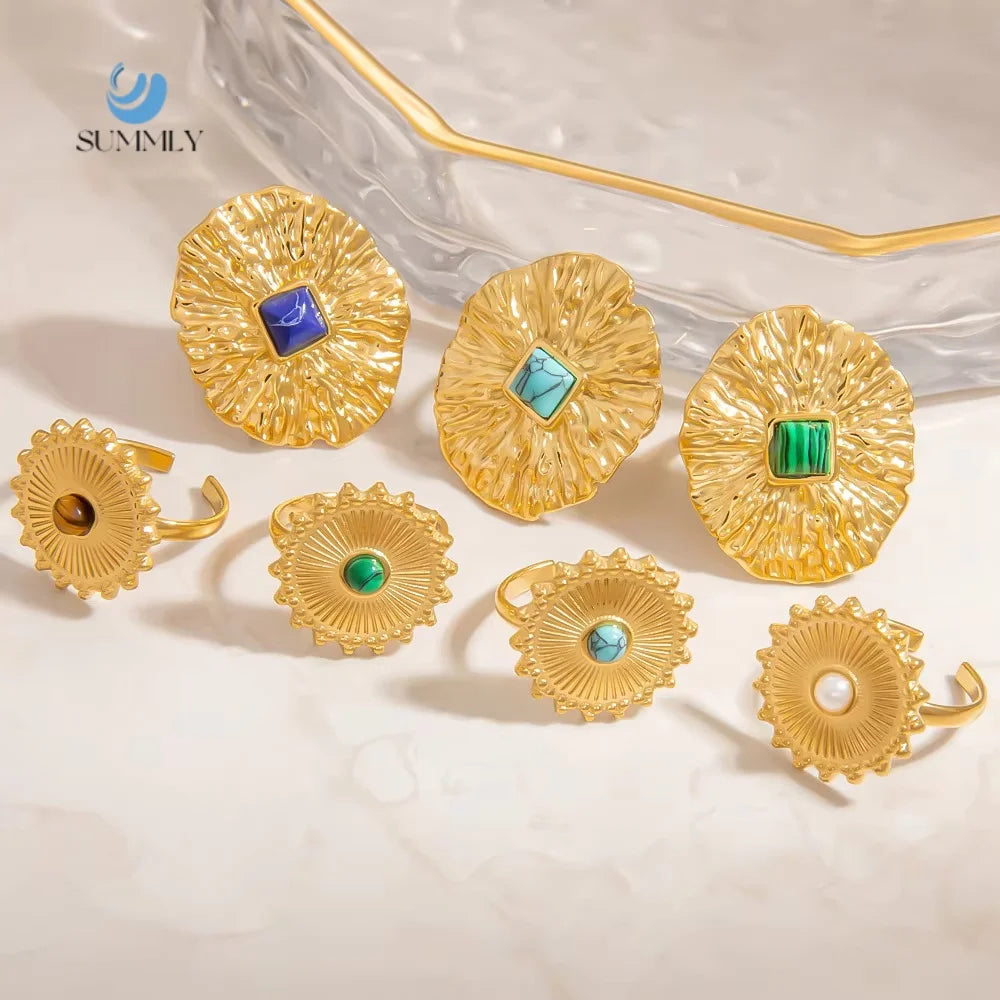 SUMMLY Vintage Wholesale 18K Gold Plated Stainless Steel Natural Stone Open Ring Classic Flower Shape Fashion Jewelry