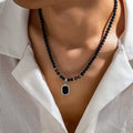 Hip Hop Stone Beaded Chains with Black Square Pendant Necklace for Men Trendy Street Stainless Steel Accessories Fashion Jewelry