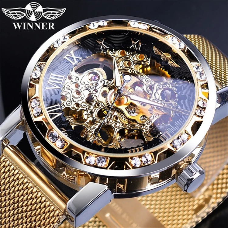 WINNER 01B Men's Mechanical Watch  Automatic Self-Wind Clock Business Sport Stainless Steel Belts Wristwatch Mesh Strap