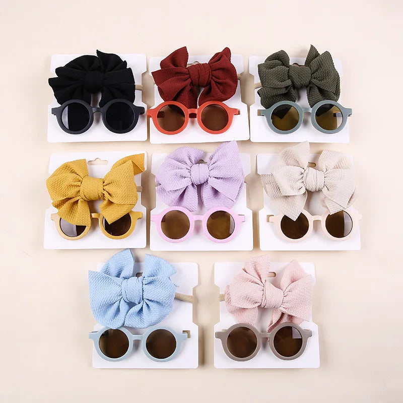 Wholesale Summer Headwear Baby Bow Nylon Headband Set Fashion Cute Round Girls Baby Kids Shades Sunglasses for Kids