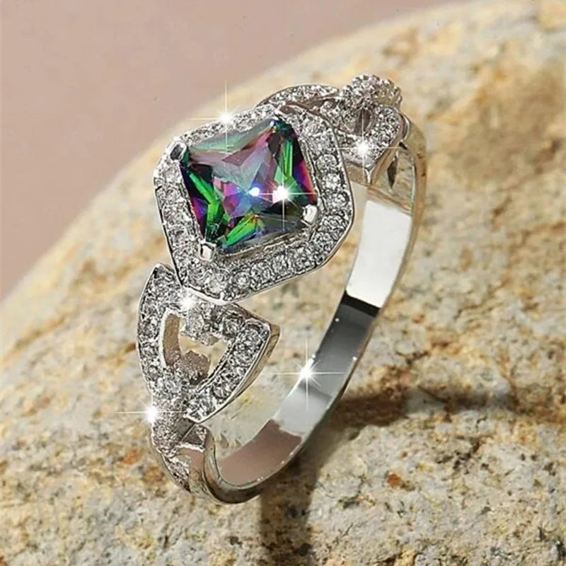 CAOSHI Wholesale Custom Modern Rhomb Shaped Design Multicolor Crystal Rings for Women Wedding Engagement Silver Plated CZ Rings