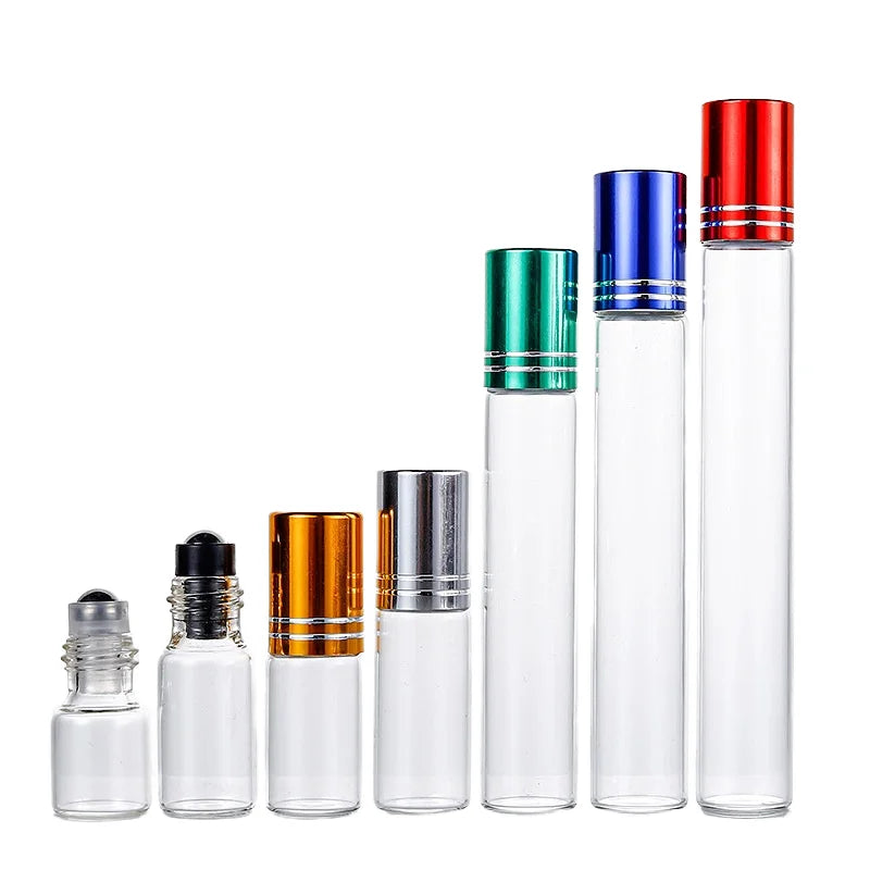 Hot Sale Empty 10ml Mini Travel Clear Glass Colorful Cap Essential Oil Roller Bottles Attar Perfume Oil Roll on Bottle