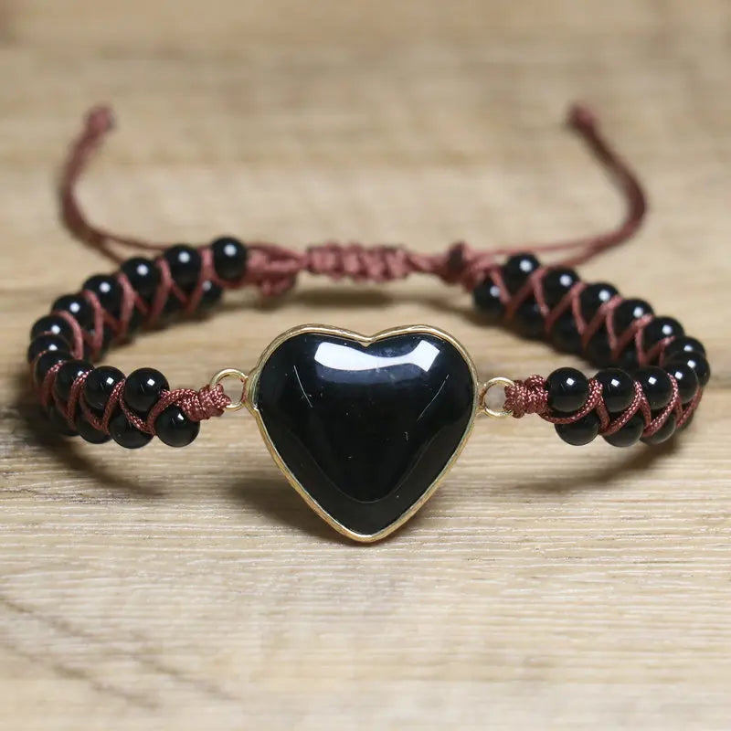 Dainty Onyx Bracelet for Women Men Valentines Gift Stone Jewelry Handwoven Adjustable Heart Charm Natural Stone Bracelet